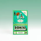 Front of SOKA's box of espresso concentrate, with cartoon illustrations of two characters milking a coffee bean, set against a light green gradient background.
