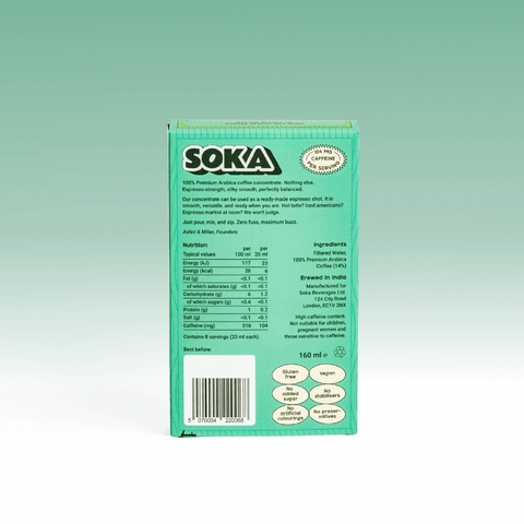 The back of a SOKA Espresso Concentrate box in a mint green color, showing product details, ingredients, and nutritional information of the 100% Arabica flavour, set against a matching mint green gradient background.