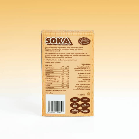 The back of a SOKA coffee box, showing product details, nutrition facts, ingredients, and brewing tips for the 'GOLDEN CARAMEL' flavour, set against a warm beige gradient background.