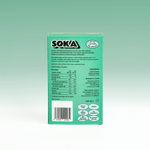The back of a SOKA Espresso Concentrate box in a mint green color, showing product details, ingredients, and nutritional information, set against a matching mint green gradient background.