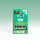 A package of SOKA Espresso Concentrate coffee on a light green gradient background. The packaging is primarily green with white and black text, featuring cartoon illustrations of people carrying a coffee bean.