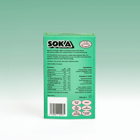 The back of a SOKA Espresso Concentrate box in a mint green color, showing product details, ingredients, and nutritional information of the Signature Chicory Blend flavour, set against a matching mint green gradient background.