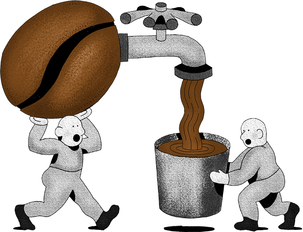 Cartoon illustration of a coffee bean being pressed into a coffee pot with a tap.